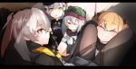  4girls :o assault_rifle black_ribbon blonde_hair blush_stickers bow brown_scarf cheek_squash closed_eyes closed_mouth eyebrows_visible_through_hair g11_(girls_frontline) girls_frontline green_eyes grey_hair gun hair_between_eyes hair_bow hair_ornament hairclip hat heckler_&amp;_koch highres hk416 hk416_(girls_frontline) hood hooded_jacket jacket knee_pads legs letterboxed long_hair looking_at_another multiple_girls one_eye_closed open_mouth profile ribbon rifle scarf silday sitting skirt sleeveless smile twintails ump45_(girls_frontline) ump9_(girls_frontline) upper_body weapon yellow_eyes 