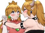  amane_a_(007_uiro) blonde_hair blue_eyes blush borrowed_design bowsette bracelet collar commentary crown earrings gloves hair_between_eyes highres horns jewelry long_hair looking_at_another mario_(series) multiple_girls new_super_mario_bros._u_deluxe open_mouth pointy_ears ponytail princess_peach puffy_short_sleeves puffy_sleeves short_sleeves sketch spiked_bracelet spiked_collar spikes super_crown super_mario_bros. sweat tearing_up upper_body white_gloves wrist_grab yuri 