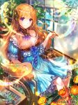  arm_strap blonde_hair blue_dress breasts choker cleavage dragon_tactics dress flower frilled_dress frills hair_between_eyes highres holding_brush long_hair looking_at_viewer medium_breasts official_art orange_flower purple_eyes rioka_(southern_blue_sky) shiny shiny_hair short_dress sitting sleeveless sleeveless_dress smile solo strapless strapless_dress very_long_hair wheelchair 