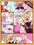  armlet bare_shoulders black_dress blonde_hair blue_eyes bowsette bracelet breasts cleavage closed_eyes collar comic commentary_request confused crown cup dress fangs gem goomba highres horns jewelry kidnapping looking_at_another mario mario_(series) new_super_mario_bros._u_deluxe no open_mouth pencil pink_dress ponytail princess_peach rope sharp_teeth speech_bubble spiked_bracelet spiked_collar spikes spoken_question_mark strapless strapless_dress super_crown super_mario_bros. t_atarou tea teacup teeth turtle_shell 