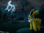  ambiguous_gender bokurei eeveelution feral grass jolteon lightning nintendo pok&eacute;mon pok&eacute;mon_(species) raining solo tree video_games water wet 