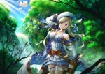  absurdres arm_up belt beret blonde_hair blue_eyes breasts closed_mouth cloud cucouroux_(granblue_fantasy) day dress eyebrows_visible_through_hair foliage fujifuji924 granblue_fantasy hat highres horn large_breasts leaning_to_the_side long_hair long_sleeves looking_at_viewer outdoors smile solo sunlight thighhighs tree twintails white_hat 