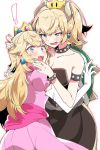  2girls :d armlet bare_shoulders black_dress blonde_hair blue_eyes blush bowsette bracelet breasts collar collarbone commentary_request crown dress earrings elbow_gloves eyebrows_visible_through_hair fang forked_eyebrows gloves hand_on_another's_chin hand_on_another's_head highres horns hug jewelry large_breasts long_hair mario_(series) multiple_girls new_super_mario_bros._u_deluxe open_mouth pink_dress ponytail princess_peach puffy_short_sleeves puffy_sleeves sharp_teeth short_sleeves smile spiked_armlet spiked_bracelet spiked_collar spiked_shell spikes strapless strapless_dress super_crown super_mario_bros. surprised tail takeshima_(nia) teeth thick_eyebrows turtle_shell white_gloves yuri 