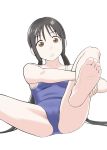  asobi_asobase ass bangs barefoot black_hair blue_swimsuit breasts brown_eyes cameltoe collarbone competition_swimsuit crotch eyebrows_visible_through_hair feet foreshortening hair_between_eyes head_tilt highres honda_hanako leaning_back leg_hug leg_up long_hair looking_at_viewer low_twintails one-piece_swimsuit one-piece_tan open_mouth parted_bangs school_swimsuit sherpa sidelocks simple_background sitting small_breasts soles solo spread_legs straight_hair stretch swimsuit tan tanline thighs toes twintails very_long_hair white_background wide-eyed 
