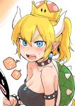 ? absurdres black_dress blonde_hair blue_eyes blush bowsette bracelet breasts bullet_bill cleavage collar commentary_request crown dress ear_blush earrings embarrassed eyebrows_visible_through_hair fan hair_between_eyes highres holding horns jewelry large_breasts looking_at_viewer mario_(series) mirror new_super_mario_bros._u_deluxe open_mouth pointy_ears ponytail sharp_teeth shiromanta solo spiked_bracelet spikes spoken_question_mark super_crown sweatdrop teeth thick_eyebrows upper_body 