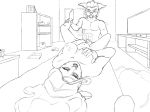  2018 andesc ankle_grab anthro bed bedroom big_breasts breast_fondling breasts canine cum cum_on_breasts female female_on_anthro fondling hand_on_breast human human_on_anthro interspecies lying male male/female mammal nude on_back open_mouth orgasm penis sex sketch spread_legs spreading sweat table_lotus_position 