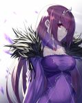  absurdres bangs breasts cleavage commentary_request covered_navel crystal dress eyebrows_visible_through_hair fate/grand_order fate_(series) fur_trim hair_between_eyes highres joker_(tomakin524) large_breasts long_hair looking_at_viewer purple_dress purple_hair red_eyes scathach_(fate)_(all) scathach_skadi_(fate/grand_order) simple_background solo tiara 