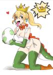  apron bikini black_eyes blonde_hair blush boots breasts commentary crown dinosaur_tail earrings egg eyebrows genderswap genderswap_(mtf) gloves green_gloves green_legwear hair_ornament heart jewelry kneehighs large_breasts looking_at_viewer mario_(series) nakasone_haiji new_super_mario_bros._u_deluxe open_mouth panties ponytail ribbon short_hair simple_background socks solo super_crown super_mario_bros. swimsuit tail tongue tongue_out underwear white_background white_panties yoshi yoshi_egg 