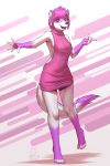  5_fingers anthro clothed clothing eyebrows eyelashes female ferret fur hair looking_at_viewer mammal mustelid mykegreywolf op[en_mouth pink_fur pink_hair simple_background smile solo teeth tongue white_fur 
