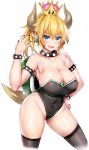  black_nails blonde_hair blue_eyes blue_gk blush bowsette bracelet breasts brooch cleavage collar commentary_request covered_navel cowboy_shot crown earrings fingernails hand_on_hip highres horns huge_breasts jewelry leotard looking_at_viewer mario_(series) nail_polish new_super_mario_bros._u_deluxe open_mouth pointy_ears ponytail sharp_fingernails sharp_teeth simple_background smile solo spiked_bracelet spiked_collar spiked_shell spikes super_crown teeth thick_eyebrows thighhighs white_background 