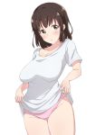  bad_anatomy blush breasts brown_eyes brown_hair cleavage commentary_request large_breasts lifted_by_self medium_hair nakasima-syouta original panties pink_panties shirt short_sleeves solo standing t-shirt underwear white_background white_shirt 