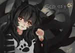  animal_humanoid black_fur black_hair cat_pose clothed clothing cute_fangs female fox_humanoid fur grey_background hair humanoid koneko-kyun kumiho multi_tail pawprint scp-953 scp_foundation signature simple_background solo yellow_eyes 