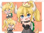  +++ ... 2girls \o/ arms_up bangs black_choker black_dress blonde_hair blue_eyes blush border bowsette bracelet breasts brooch chibi choker cleavage commentary_request crown dress earrings eyebrows_visible_through_hair fangs hand_to_own_mouth highres honyang horns jewelry mario_(series) multiple_girls multiple_views new_super_mario_bros._u_deluxe nose_blush orange_background outstretched_arms pointy_ears ponytail shell sidelocks spiked_bracelet spiked_choker spiked_tail spikes spoken_ellipsis strapless strapless_dress super_crown super_mario_bros. tail turtle_shell twitter_username white_border 