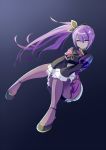  aisha_(elsword) butterfly_ornament elsword eyebrows_visible_through_hair glowing glowing_eyes hands_on_own_knees highres kumataro long_hair pantyhose purple_eyes purple_hair side_ponytail simple_background smile 