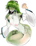 anthro blush breasts female forked_tongue green_eyes green_hair green_scales hair human_to_anthro long_hair mostly_nude naga navel nipples non-mammal_breasts nude reptile sanae_kochiya scale scales scalie serpentine simple_background snake solo split_form tongue tongue_out toribako touhou transformation white_background 