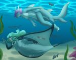  anthro blonde_hair breasts duo featureless_breasts female fish hair manta_ray marine navel open_mouth purple_hair shark underwater water witchofavalon 