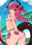  4410_(kanimiso) absurdres ass bikini commentary_request day dragon_girl dragon_horns dragon_tail elizabeth_bathory_(fate) elizabeth_bathory_(fate)_(all) fate/grand_order fate_(series) flat_chest flower from_behind green_eyes hair_flower hair_ornament hand_on_own_ass hand_on_own_face highres horns long_hair looking_back outdoors pink_bikini pink_hair pink_swimsuit pointy_ears side-tie_bikini smile solo swimsuit tail 