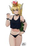  absurdres ass_visible_through_thighs black_panties blonde_hair blue_eyes bowsette bracelet carlo_montie claw_pose collar commentary cowboy_shot crop_top crop_top_overhang crown english_commentary fang fang_out hand_on_hip highres horns jewelry looking_at_viewer mario_(series) midriff nail_polish new_super_mario_bros._u_deluxe no_pants panties ponytail simple_background solo spiked_bracelet spiked_collar spikes super_crown tank_top underwear white_background 