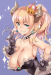  bare_shoulders black_gloves blonde_hair blue_eyes bowsette breasts choker cleavage commentary_request crown earrings eyebrows_visible_through_hair gloves grin hand_on_hip hanging_breasts highres horns huge_breasts jewelry long_hair mario_(series) new_super_mario_bros._u_deluxe pointy_ears ponytail purple_background sharp_teeth simple_background smile solo sparkle super_crown teeth thomasz v 