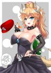  bangs bare_shoulders black_leotard black_nails blonde_hair blue_eyes blush bowsette bracelet breasts bridal_gauntlets brooch cleavage collar collarbone commentary_request crown earrings eyebrows_visible_through_hair facial_hair fangs fingernails fire flat_cap hair_between_eyes hand_on_hip hand_up hat highres horns jewelry large_breasts leotard long_hair looking_at_viewer mario mario_(series) mini_crown miyuki_rei mustache nail_polish new_super_mario_bros._u_deluxe red_hat sharp_teeth sidelocks solo spiked_bracelet spiked_collar spiked_shell spikes strapless strapless_leotard super_crown tail teeth turtle_shell 