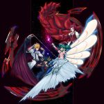 2girls black_gloves black_hairband black_pants black_shirt black_wings blonde_hair breasts card cleavage detached_sleeves dragon_wings fingerless_gloves fudou_yuusei gloves green_hair hairband holding holding_card izayoi_aki jack_atlas jewelry lazward long_hair looking_up luca_(yuu-gi-ou) medium_breasts multicolored_hair multiple_boys multiple_girls necklace outstretched_arm pants red_eyes red_hair red_wings shirt short_sleeves sidelocks single_wing spiked_hair twintails two-tone_hair white_wings wings yuu-gi-ou yuu-gi-ou_5d's 