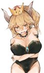  armlet bad_id bad_twitter_id banned_artist bare_shoulders blonde_hair blue_eyes blush bowsette breasts cleavage collar collarbone cowboy_shot crossed_arms crown earrings embarrassed fangs hair_between_eyes horns jewelry large_breasts leotard long_hair mario_(series) new_super_mario_bros._u_deluxe open_mouth pointy_ears ponytail ring simple_background solo spiked_collar spikes super_crown white_background zairen 