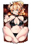  barefoot bikini black_bikini blonde_hair blue_eyes bowsette breasts breathing_fire choker commentary crown earrings feet fire horns jewelry kenron_toqueen large_breasts looking_at_viewer mario_(series) mini_crown navel new_super_mario_bros._u_deluxe ponytail sitting smile solo spiked_choker spiked_tail spikes stomach super_crown swimsuit tail toes 
