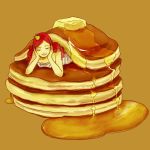  brown_background butter closed_eyes crown food head_rest in_food long_hair original pancake red_hair simple_background smile solo stack_of_pancakes syrup ukako 