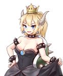  &gt;:) :d bare_arms bare_shoulders black_collar black_dress blonde_hair blue_eyes blush bowsette bracelet breasts brooch cleavage collar collarbone commentary crown dress earrings eyebrows_visible_through_hair fangs half_updo hand_on_hip highres horns jewelry large_breasts looking_at_viewer mario_(series) medium_breasts medium_hair mini_crown minust new_super_mario_bros._u_deluxe open_mouth pointy_ears ponytail short_hair simple_background skirt_hold smile solo spiked_armlet spiked_bracelet spiked_collar spiked_shell spikes strapless strapless_dress super_crown teeth turtle_shell v-shaped_eyebrows white_background 