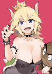  black_nails blonde_hair blue_eyes blush bowsette breast_press breasts cleavage collarbone commentary_request crown earrings fangs goomba highres horns jewelry large_breasts looking_at_viewer mario_(series) muteki_soda nail_polish new_super_mario_bros._u_deluxe open_mouth pink_background pointy_ears sharp_teeth simple_background smile solo super_crown sweatdrop teeth 