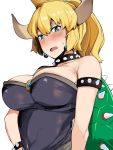  :o arm_at_side armlet bare_shoulders black_dress blonde_hair blue_eyes blush borrowed_design bowsette bracelet breasts collar commentary_request covered_navel crown dress earrings fang hai_ookami hair_between_eyes highres horns jewelry large_breasts mario_(series) new_super_mario_bros._u_deluxe open_mouth ponytail revision shell simple_background solo spiked_armlet spiked_bracelet spiked_collar spikes standing strapless strapless_dress super_crown upper_body white_background 