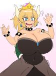  bare_shoulders black_dress blonde_hair blue_eyes bowsette bracelet breasts collar commentary_request crown dress horns huge_breasts isemagu jewelry mario_(series) new_super_mario_bros._u_deluxe ponytail spiked_bracelet spiked_collar spikes super_crown super_mario_bros. 