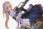  apron aqua_eyes assault_rifle bangs blonde_hair blush braid closed_mouth commentary dress eyebrows_visible_through_hair g36 g36_(girls_frontline) girls_frontline gloves grey_background gun hair_between_eyes hanato_(seonoaiko) heckler_&amp;_koch holding light_particles long_hair looking_at_viewer maid maid_headdress rifle sidelocks simple_background single_braid skirt solo sparkle trigger_discipline twitter_username very_long_hair weapon white_gloves 
