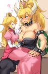  ? bare_shoulders black_dress black_legwear blonde_hair blush bowsette bracelet breasts choker claws cleavage commentary_request crown dress elbow_gloves fang feeding food gloves highres horns jewelry long_hair looking_at_another mario_(series) mini_crown multiple_girls new_super_mario_bros._u_deluxe open_mouth pink_dress plate princess_peach pudding sharp_teeth simple_background sitting sitting_on_lap sitting_on_person smile spiked_armlet spiked_bracelet spiked_choker spikes super_crown super_mario_bros. suurin_(ksyaro) teeth thighhighs throne white_gloves yuri 
