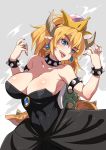  armlet bangs bare_shoulders black_dress blonde_hair blue_eyes blush body_blush bowsette bracelet breasts cleavage collar collarbone commentary_request covered_navel crown dress earrings eyebrows_visible_through_hair fingernails highres horns inue_shinsuke jewelry large_breasts long_hair looking_at_viewer mario_(series) nail_polish new_super_mario_bros._u_deluxe ring sharp_fingernails sharp_teeth shiny shiny_clothes shiny_hair shiny_skin solo spiked_armlet spiked_bracelet spiked_collar spiked_shell spiked_tail spikes strapless strapless_dress super_crown tail teeth turtle_shell 