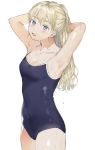  :d armpits asobi_asobase blonde_hair blue_swimsuit blush breasts byebaby competition_school_swimsuit covered_navel droplet highres long_hair looking_up olivia_(asobi_asobase) one-piece_swimsuit open_mouth school_swimsuit small_breasts smile solo standing swimsuit very_long_hair wet white_background 