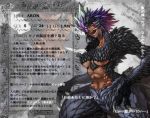  3_fingers black_fur black_hair black_scales blue_scales blue_sclera breasts brown_skin crystals female fur gradient_hair grin hair humanoid hutago japanese_text monster monster_girl_(genre) multicolored_hair navel open_mouth purple_hair scales sharp_teeth smile solo spikes talons teeth text tongue translation_request under_boob yellow_eyes 