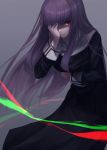  absurdres asagami_fujino bangs breasts closed_mouth dress eyebrows_visible_through_hair hand_over_eye highres kara_no_kyoukai light_trail long_dress long_hair long_sleeves looking_at_viewer medium_breasts okakasushi purple_hair red_eyes school_uniform shiny shiny_hair simple_background solo 