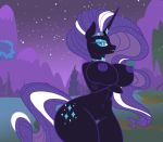  anthro big_breasts breasts cocaine-leopard equine female grin hair horn long_hair mammal multicolored_hair my_little_pony night nightmare_rarity_(idw) pussy smile solo unicorn wide_hips 