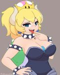  2018 alternate_species animal_humanoid blonde_hair blue_eyes blush bowser bowsette_meme breasts cleavage clothed clothing colored_nails crossgender digital_media_(artwork) eyelashes female hair hand_on_hip hi_res horn humanoid humanoidized koopahime looking_at_viewer mario_bros nintendo open_mouth pinkcappachino shell simple_background solo super_crown tongue tongue_out video_games 