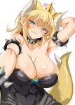  arm_behind_head armpits bad_id bad_twitter_id black_corset blonde_hair blue_eyes blurry blush bowsette bracelet breasts choker cleavage clenched_teeth collarbone commentary_request covered_navel crown depth_of_field dragon dragon_tail earrings horns huge_breasts jewelry kure_masahiro looking_at_viewer mario_(series) new_super_mario_bros._u_deluxe perspective self_shot sharp_teeth simple_background solo spiked_armlet spiked_bracelet spiked_choker spikes super_crown tail teeth upper_body white_background 