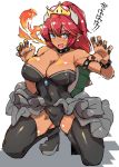 alternate_color bare_shoulders black_dress black_legwear blue_eyes bowsette breasts brll cleavage commentary_request crown dark_skin dress earrings fire flame frills highres jewelry large_breasts long_hair looking_at_viewer mario_(series) new_super_mario_bros._u_deluxe open_mouth pointy_ears red_hair sharp_teeth simple_background smile solo spiked_shell super_crown teeth thighhighs translated white_background 