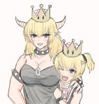  2girls blonde_hair bowser_jr. bowsette breasts cleavage crown dress fang horns large_breasts mario_(series) mother_and_daughter multiple_girls nintendo teeth 