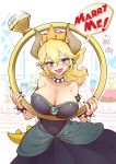  blonde_hair blue_eyes blush bowsette bracelet breasts cappy_(mario) collar crown dress earrings english fangs horns jewelry large_breasts lizard_tail mario_(series) new_super_mario_bros._u_deluxe pointy_ears ponytail proposal ring sharp_teeth shell silversirius spiked_armlet spiked_bracelet spiked_collar spiked_shell spiked_tail spikes super_crown super_mario_bros. super_mario_odyssey tail teeth tiara_(mario) wedding_ring 