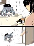  1girl :3 admiral_(kantai_collection) bathtub blue_eyes blush_stickers chibi comic commentary_request dock_hime dress failure_penguin goma_(gomasamune) grey_hair hair_between_eyes highres kantai_collection miss_cloud nyoro~n open_door open_mouth sailor_collar sailor_dress shinkaisei-kan sleeveless sleeveless_dress smile throwing translated twintails window 