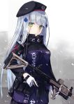  assault_rifle bangs beret blunt_bangs blush breasts clothes_writing commentary_request eyebrows_visible_through_hair facial_mark girls_frontline gloves green_eyes gun hair_ornament hat heckler_&amp;_koch hk416 hk416_(girls_frontline) holding holding_gun holding_weapon iron_cross long_hair looking_at_viewer md5_mismatch medium_breasts military military_uniform nagishiro_mito open_mouth parted_lips rifle sidelocks silver_hair skirt snow snowing solo standing teardrop trigger_discipline uniform weapon white_gloves wind 