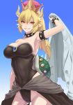  arm_up armpits bare_shoulders black_leotard blonde_hair blue_sky bowsette bracelet breasts cleavage collar commentary_request contrapposto covered_navel cowboy_shot crown day fang groin hand_up highleg highleg_leotard highres horns jacket jewelry large_breasts leotard looking_at_viewer mario_(series) new_super_mario_bros._u_deluxe pointy_ears ponytail red_eyes scotishfold sharp_teeth shell shoulder_spikes skirt sky sleeveless slit_pupils smile smirk solo spiked_bracelet spiked_collar spikes standing strapless super_crown teeth waist_cape 