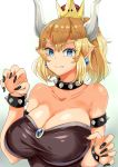  armlet bare_shoulders black_dress blonde_hair blue_eyes bowsette bracelet breasts claw_pose claws collar collarbone commentary_request crown dress earrings fang fang_out gradient gradient_background grey_background highres jewelry large_breasts mario_(series) new_super_mario_bros._u_deluxe sharp_teeth solo spiked_bracelet spiked_collar spikes strapless strapless_dress super_crown teeth turtle_shell upper_body yac_(mokkori) 