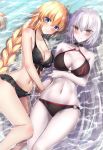  ahoge arm_under_breasts bangs bare_arms bare_shoulders bikini black_bikini black_choker blonde_hair blue_eyes blush braid breast_hold breasts brown_eyes choker closed_mouth collarbone commentary_request eyebrows_visible_through_hair fate/grand_order fate_(series) hair_between_eyes jeanne_d'arc_(alter_swimsuit_berserker) jeanne_d'arc_(fate)_(all) jeanne_d'arc_(swimsuit_archer) large_breasts long_hair looking_at_viewer lying multiple_girls navel o-ring o-ring_bikini o-ring_bottom o-ring_top on_back on_side pale_skin partially_submerged rong_yi_tan shallow_water silver_hair single_braid smile swimsuit very_long_hair water 