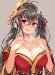  absurdres ahoge azur_lane bangs bare_shoulders black_hair blush breast_suppress breasts cleavage collarbone commentary crossed_bangs eyebrows_visible_through_hair feathers gold_trim grey_background hair_between_eyes hair_ornament hair_ribbon head_tilt highres huge_breasts japanese_clothes kimono large_breasts long_hair looking_at_viewer lower_teeth mask mask_on_head obi off_shoulder open_mouth painteen red_eyes red_kimono red_ribbon ribbon sash sidelocks simple_background smile solo striped striped_ribbon taihou_(azur_lane) tongue twintails upper_body very_long_hair wide_sleeves 